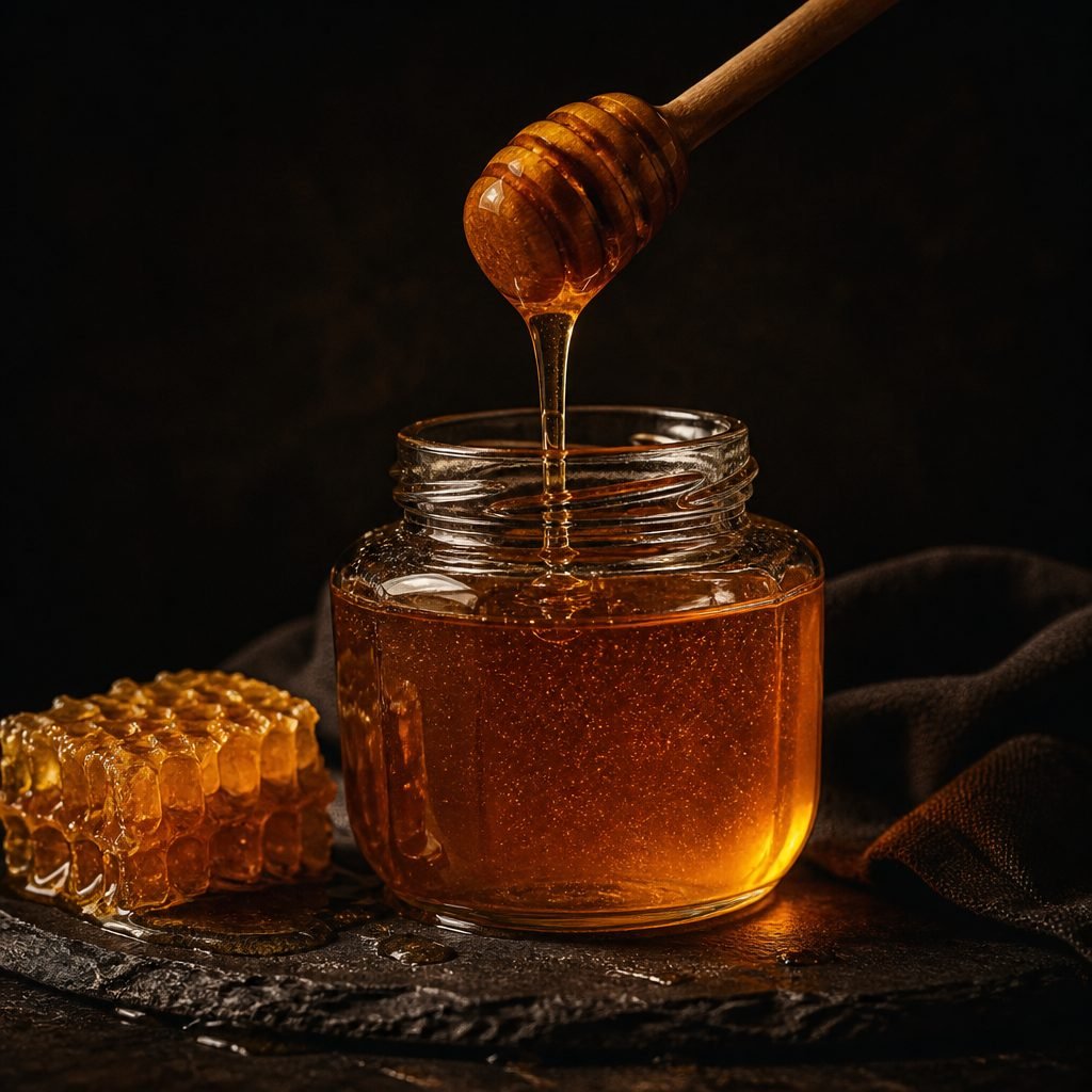 A jar of honey with a wooden dipper, beside a piece of honeycomb