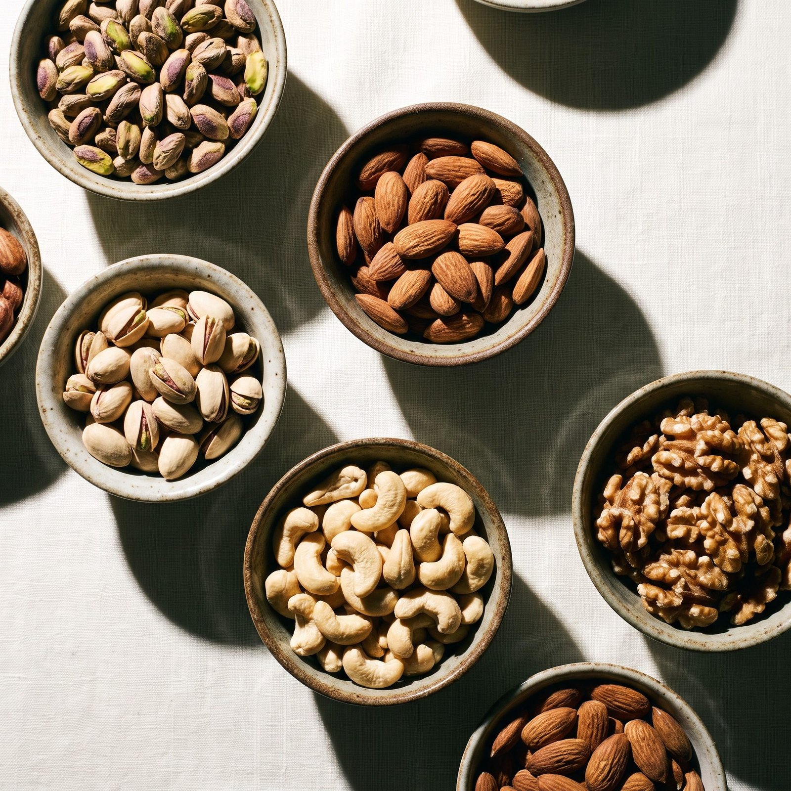 Pistachios, almonds, cashews and walnuts in separate ceramic bowls on pale linen