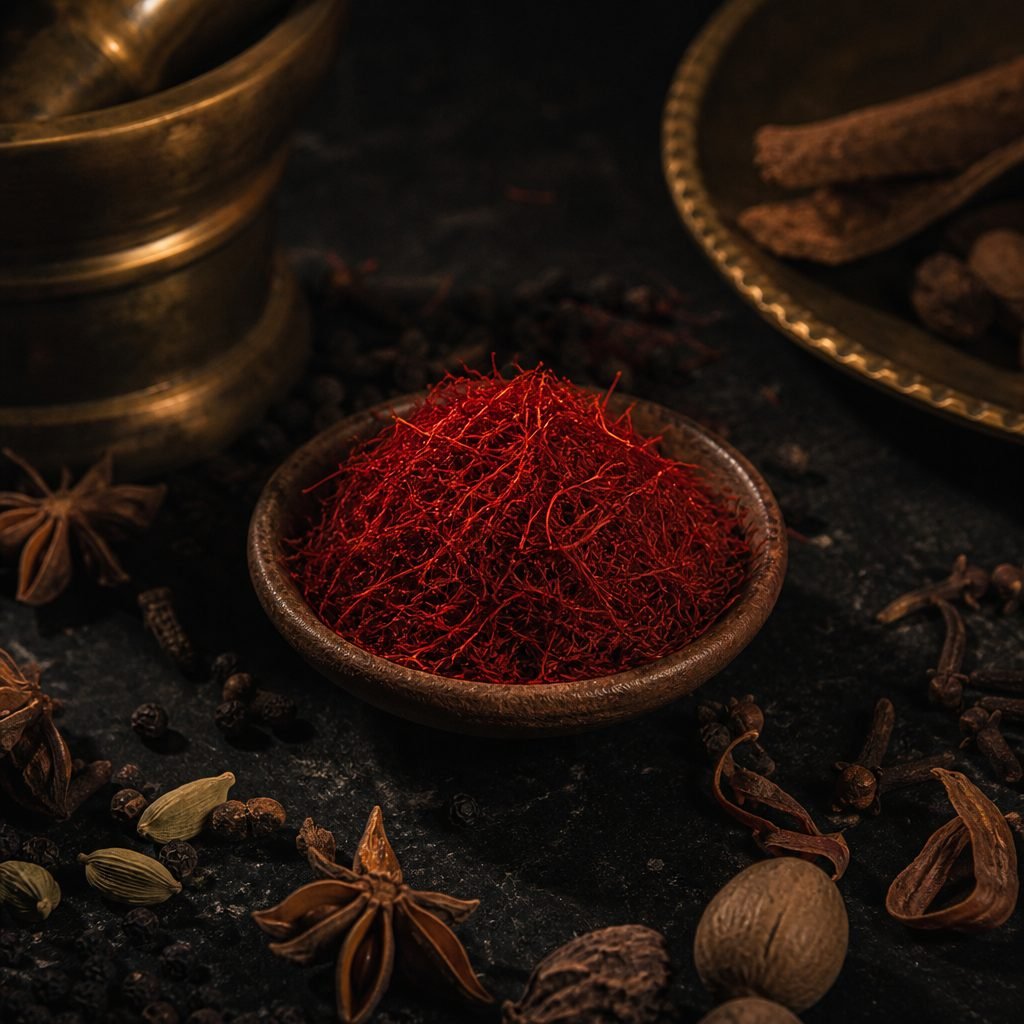 Saffron threads in a small wooden bowl, surrounded by whole spices
